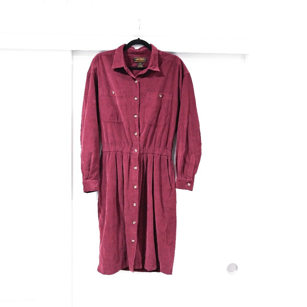 Eddie Bauer Size Large Vintage Corduroy Maroon Prairie Midi Dress